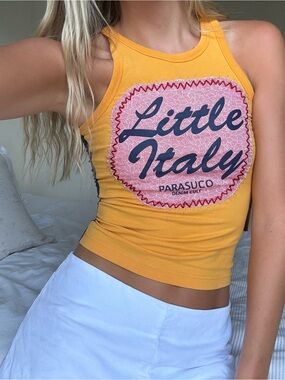vintage 90's y2k Parasuco Yellow Tank with Pink Graphic and Navy Lettering
